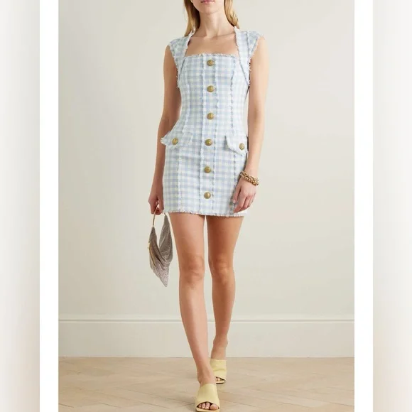 BALMAIN Blue & White Frayed gingham cotton-blend tweed Mini Dress FR36